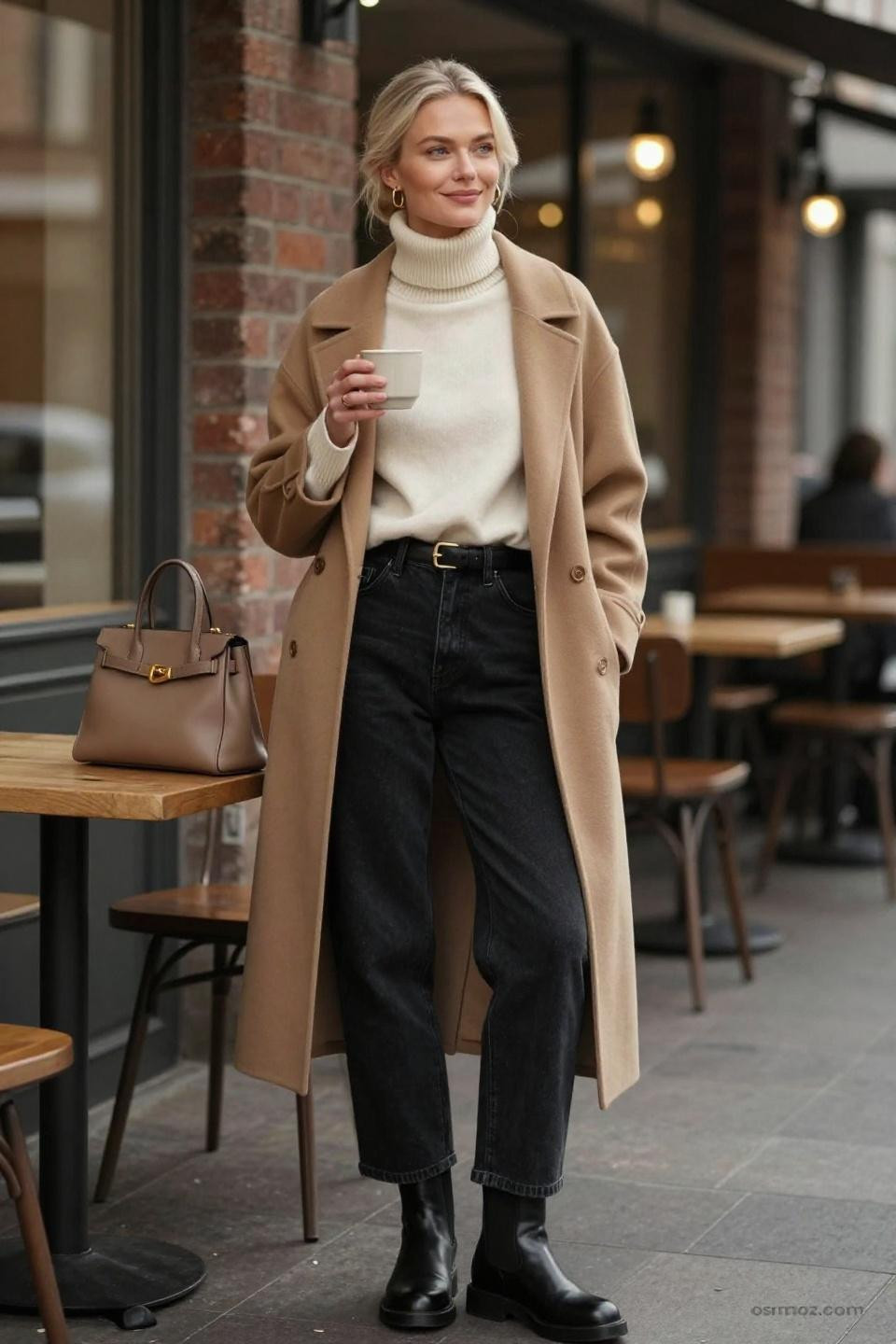 How To Style Baggy Jeans with oversized cream cashmere turtleneck and camel coat