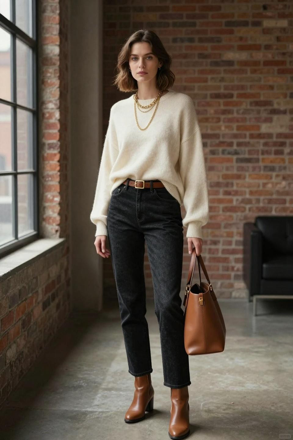 Black bootleg jeans outfit with oversized cream cashmere sweater and cognac accessories