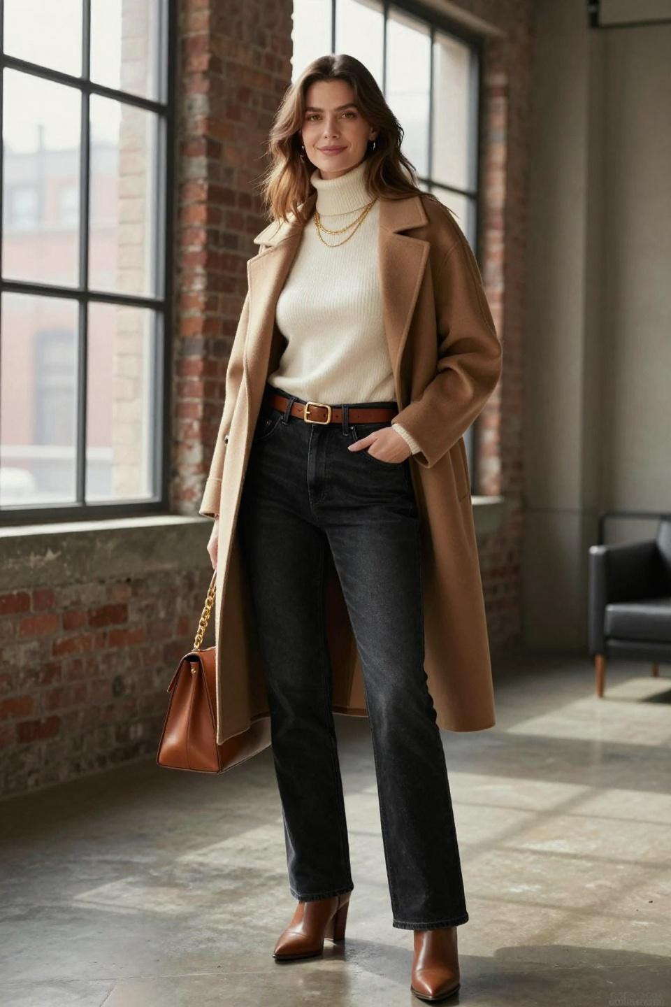 Black flair jeans outfits with camel wool coat and cream turtleneck