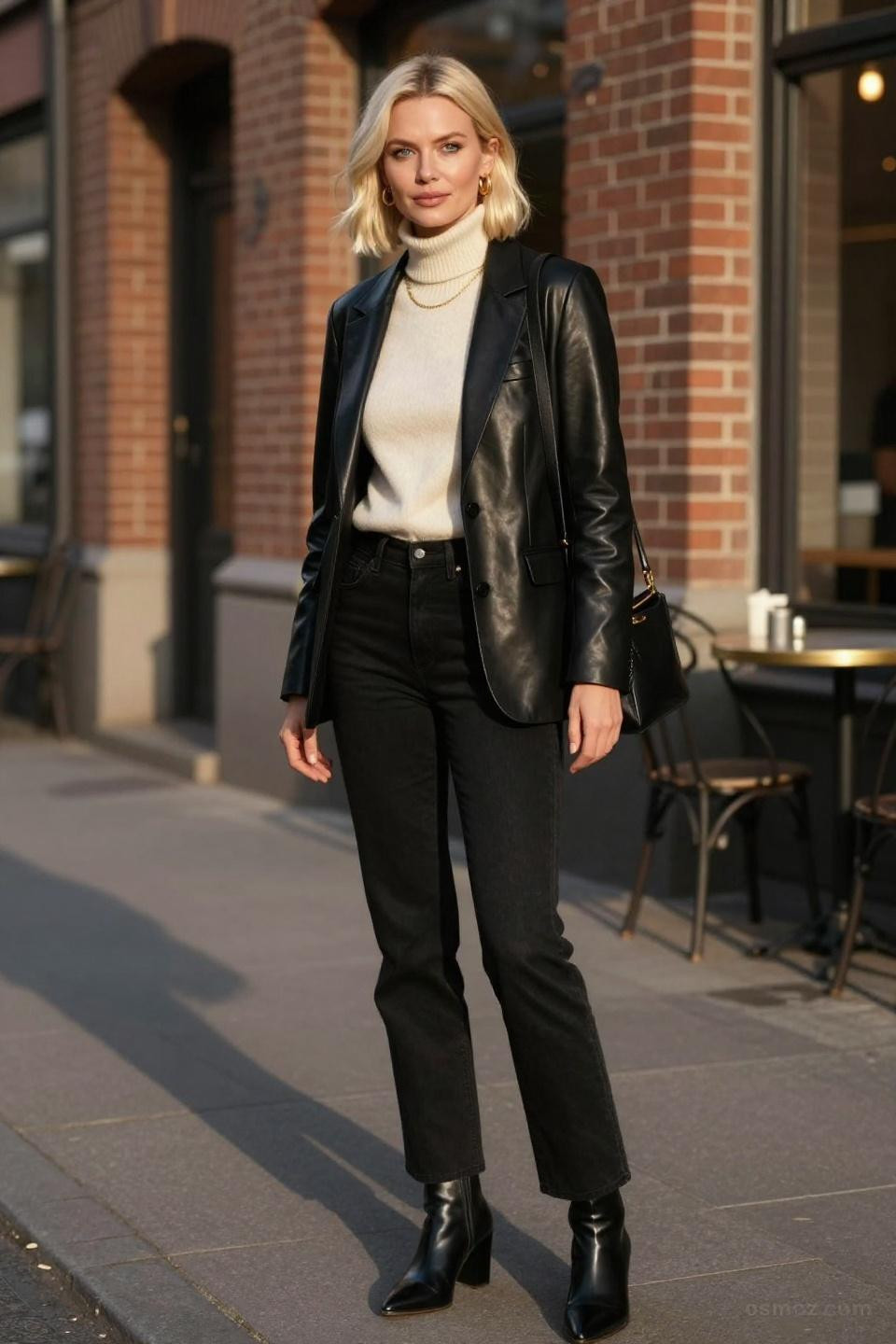 Black flare jeans outfit casual with cream turtleneck and black leather blazer