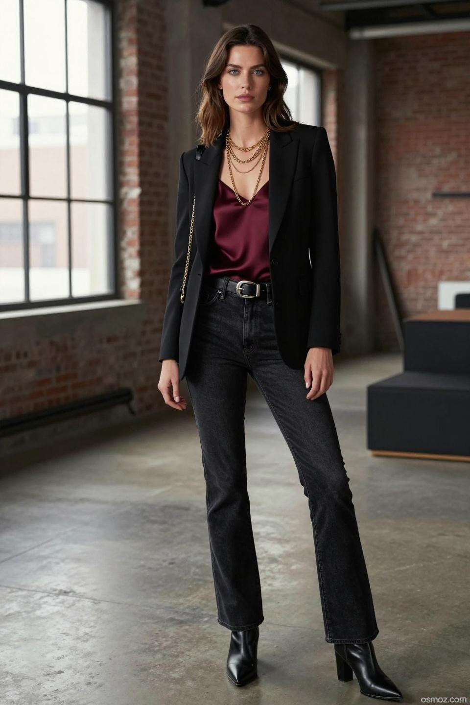 Dark feminine outfits with black bootcut jeans and burgundy silk camisole