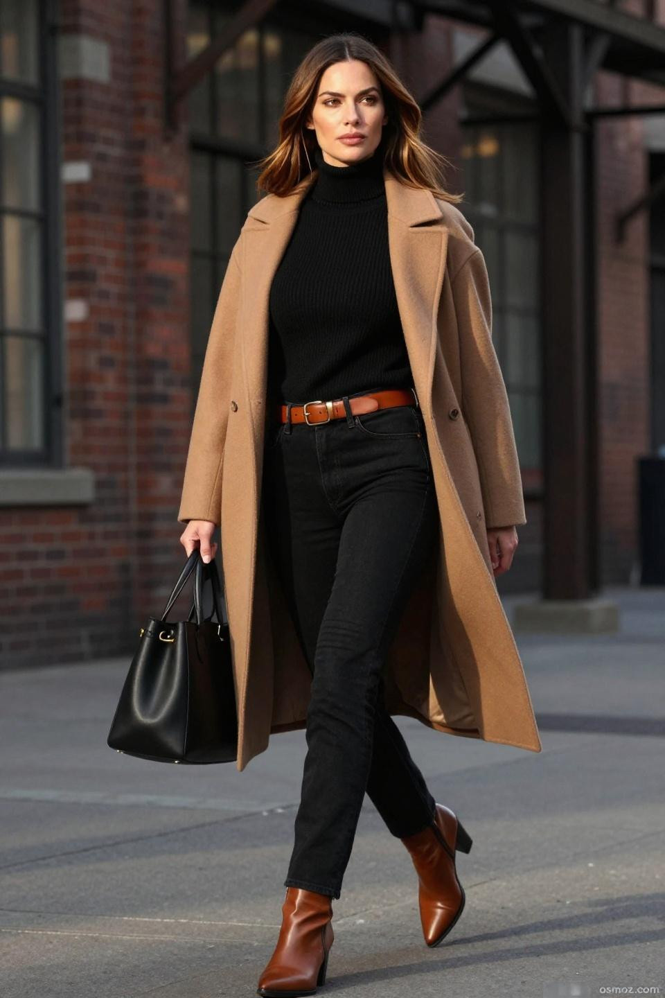 Black bootcut pants outfit with camel wool coat and cognac accessories