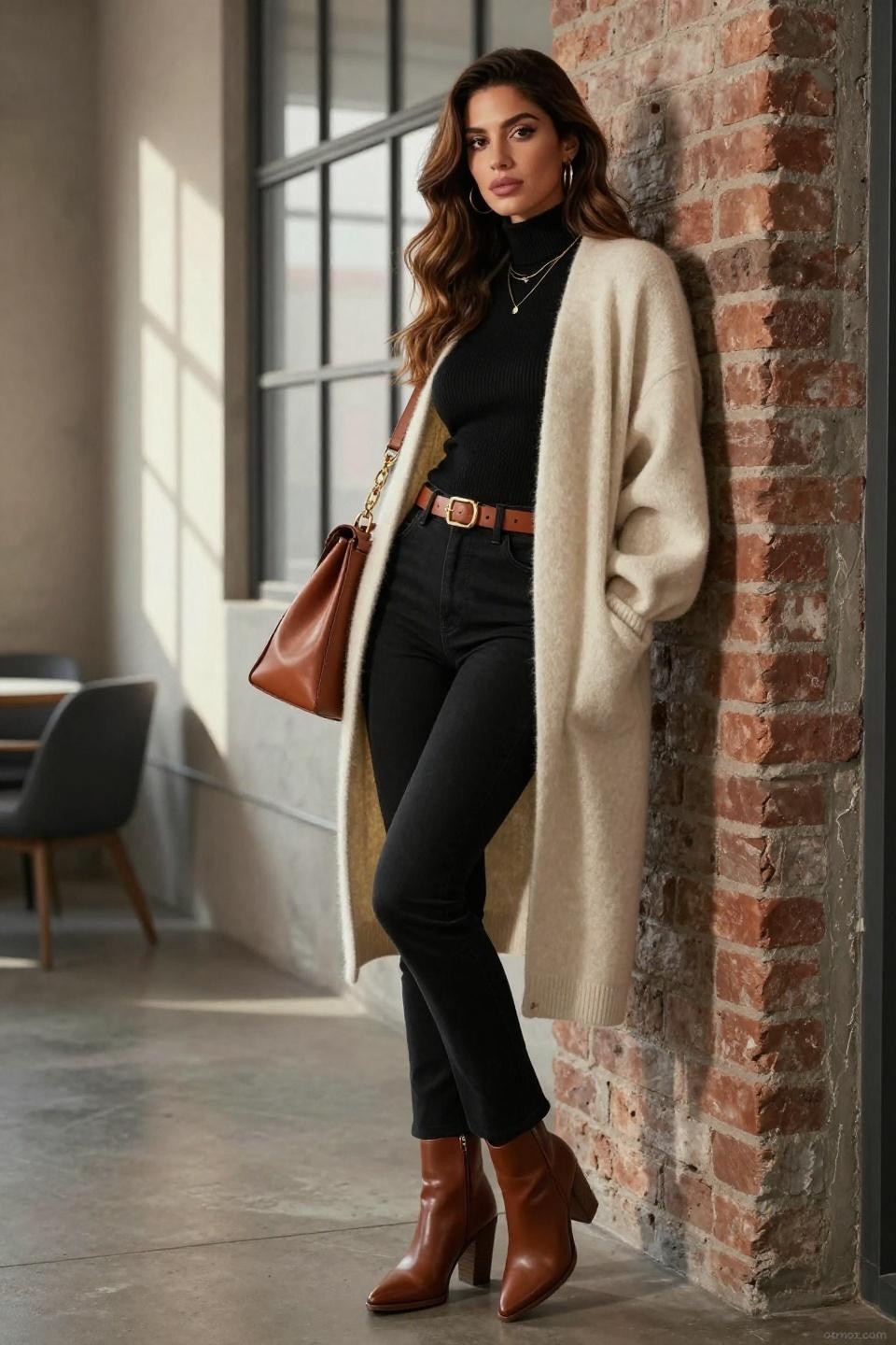 Bootcut flare jeans outfit with cream cashmere cardigan and cognac accessories