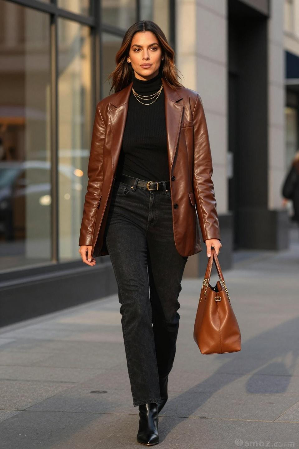 Black flare jeans outfit winter with chocolate leather blazer and ribbed turtleneck