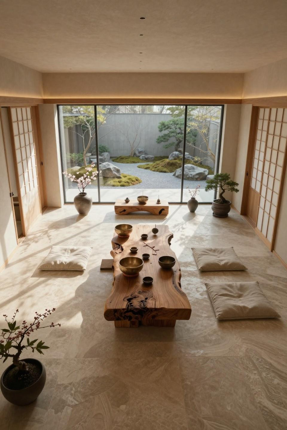 Spiritual room meditation space with ancient Japanese cedar altar and hand-carved meditation platform
