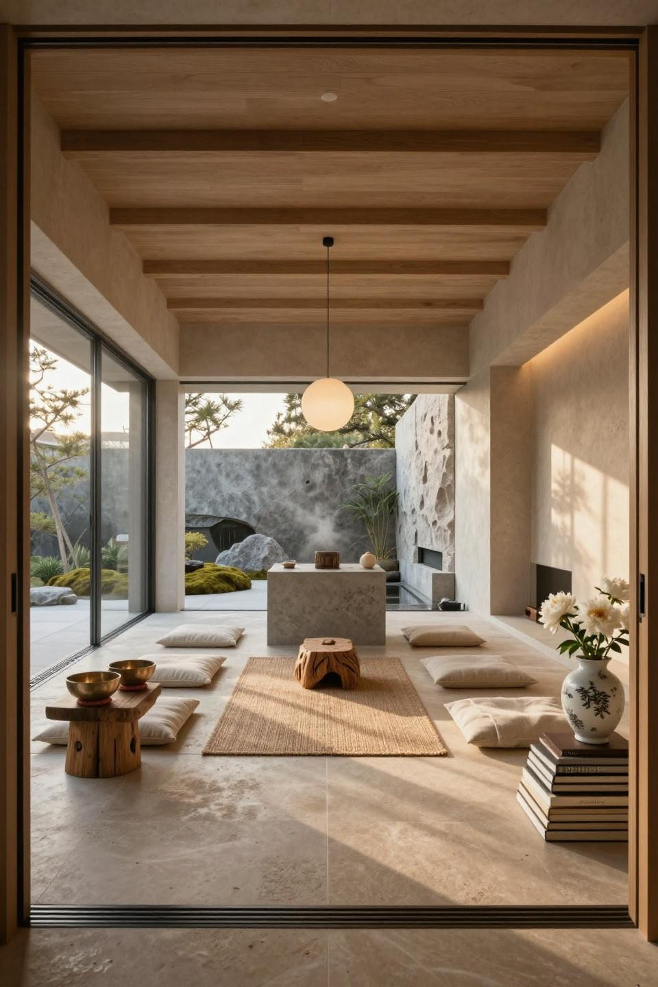 Spiritual room meditation space with polished concrete altar and hand-carved teak prayer stools