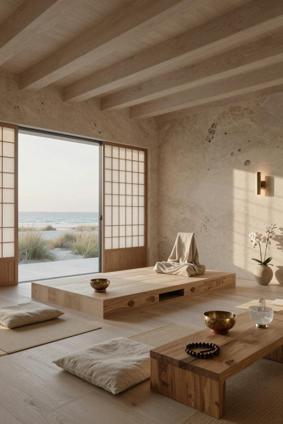 Spiritual room meditation space with cerused white oak platform and integrated cushion storage