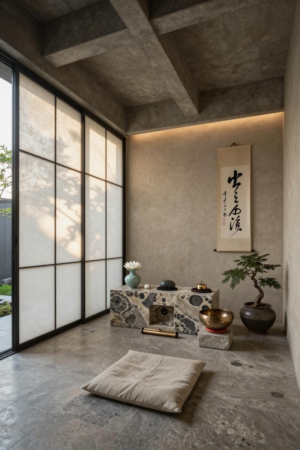 Spiritual room meditation space with book-matched Jerusalem limestone altar
