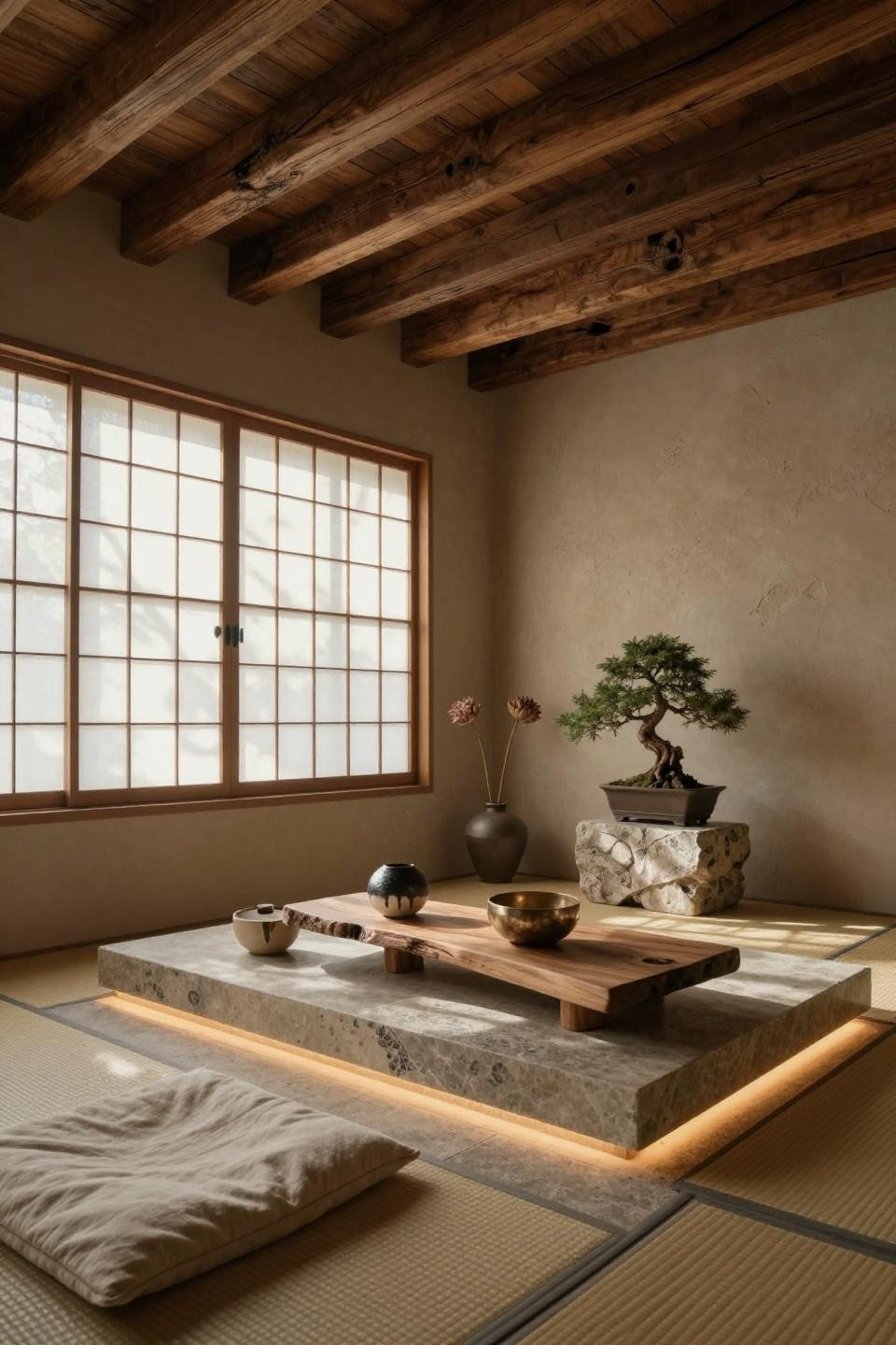Spiritual room meditation space with brushed nickel-framed limestone platform
