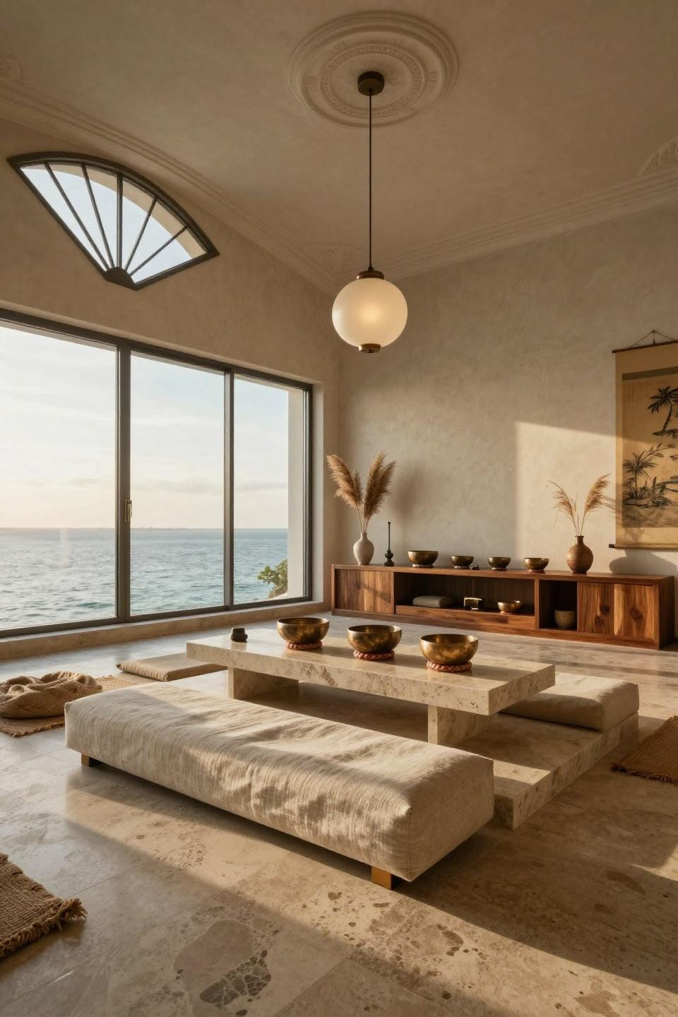 Spiritual room meditation space with Art Deco porthole windows and travertine altar