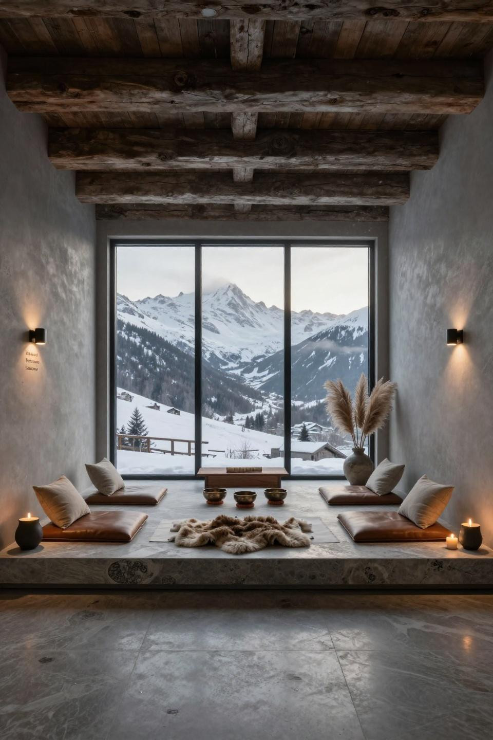 Spiritual room meditation space with book-matched Italian travertine platform