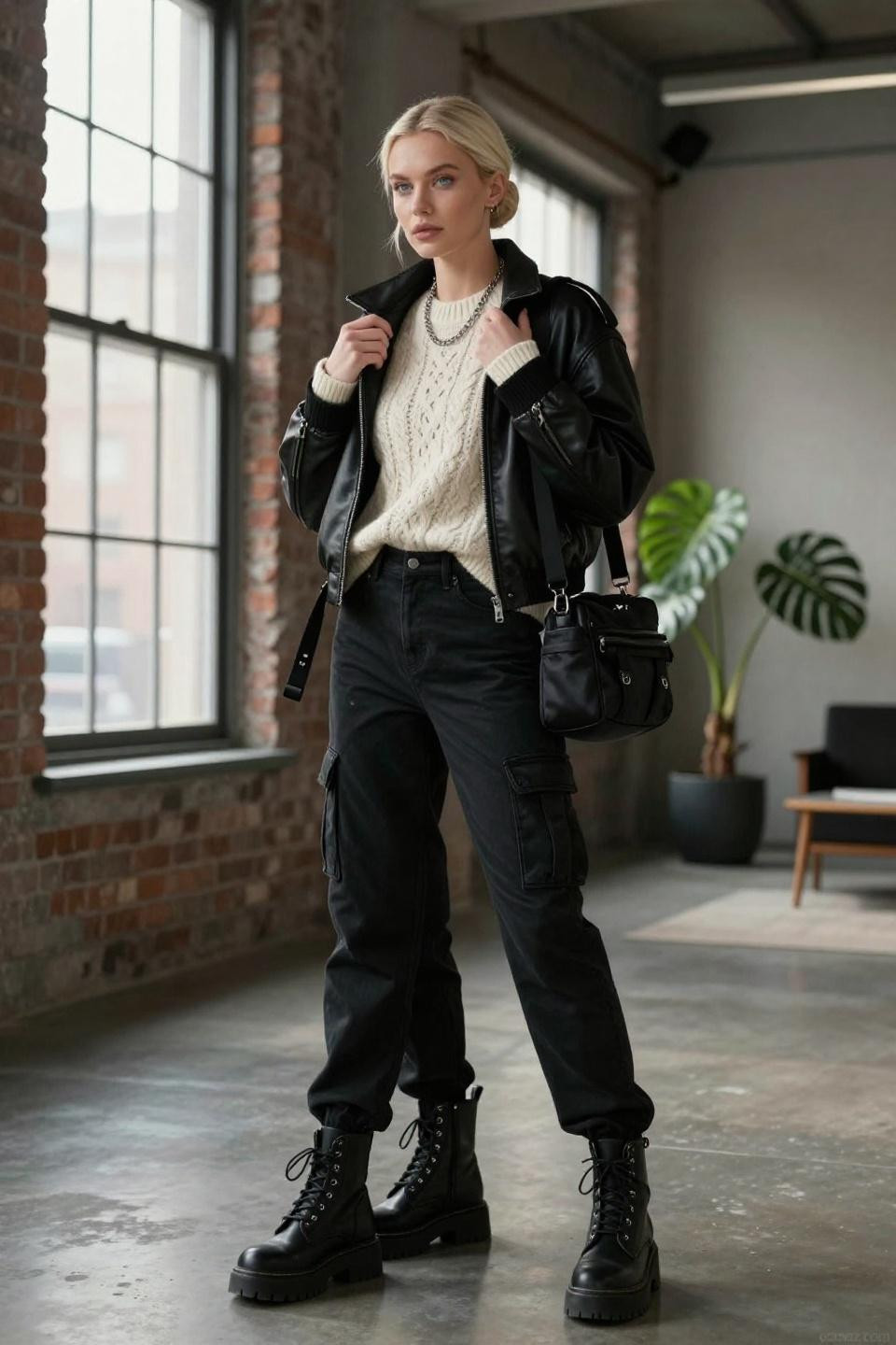 Black cargo pants outfit winter with oversized cable knit sweater and leather jacket