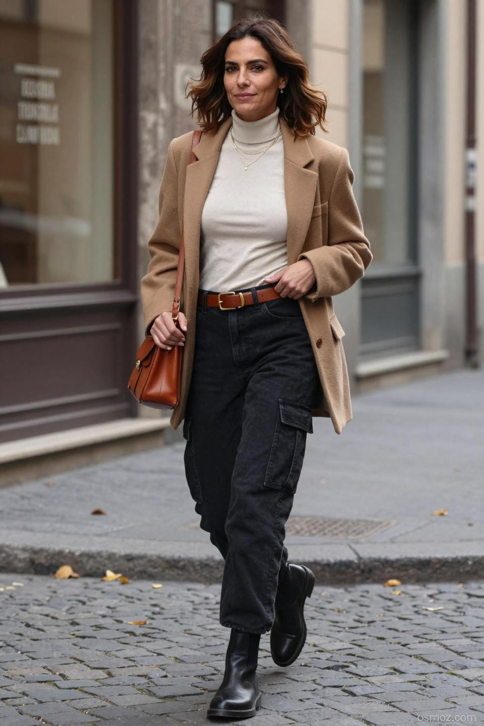 How to style black cargo pants with cream turtleneck and camel blazer
