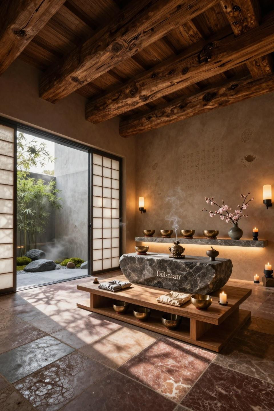 Healing room ideas with limestone altar featuring hand-carved Sanskrit mantras