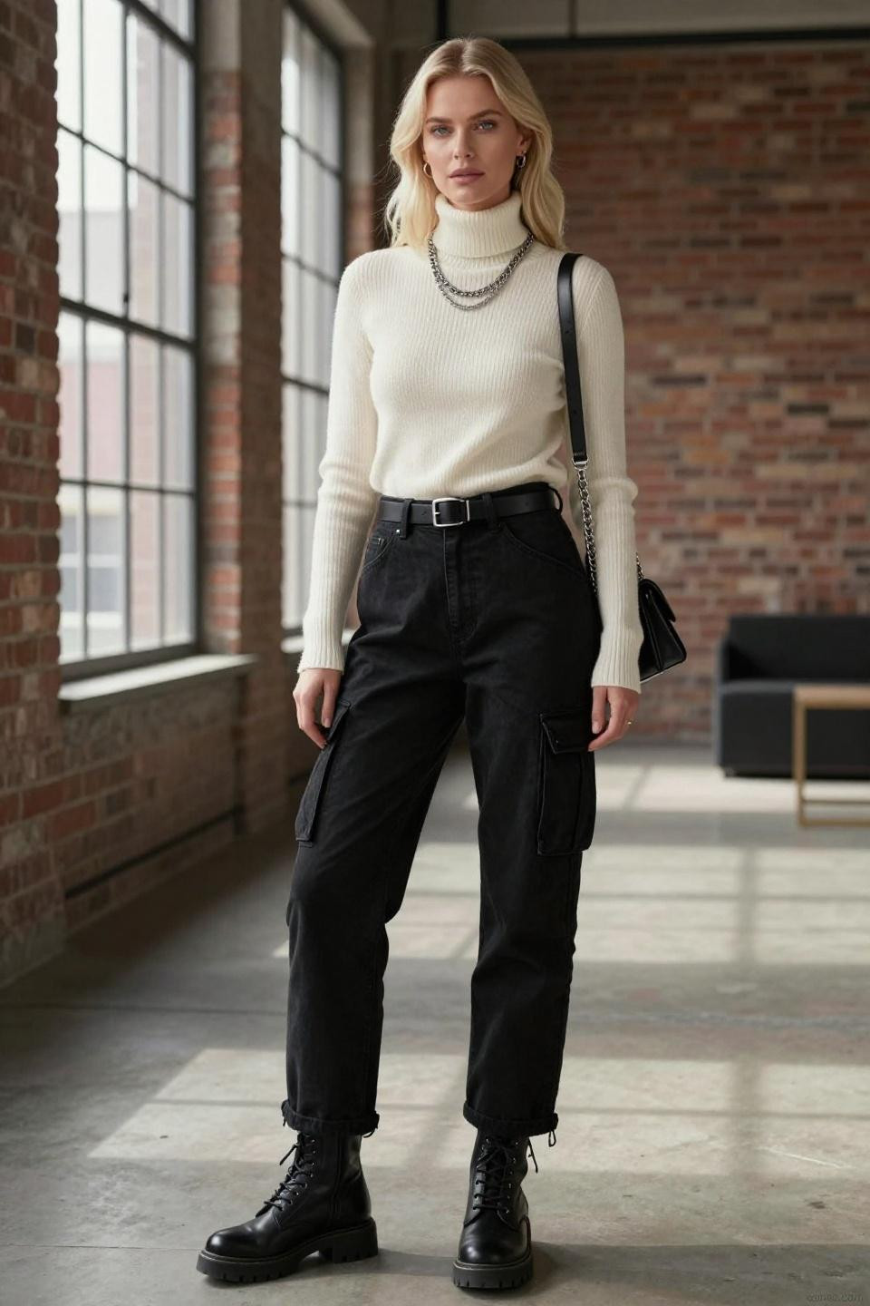 How to style black cargo jeans with fitted turtleneck and silver accessories