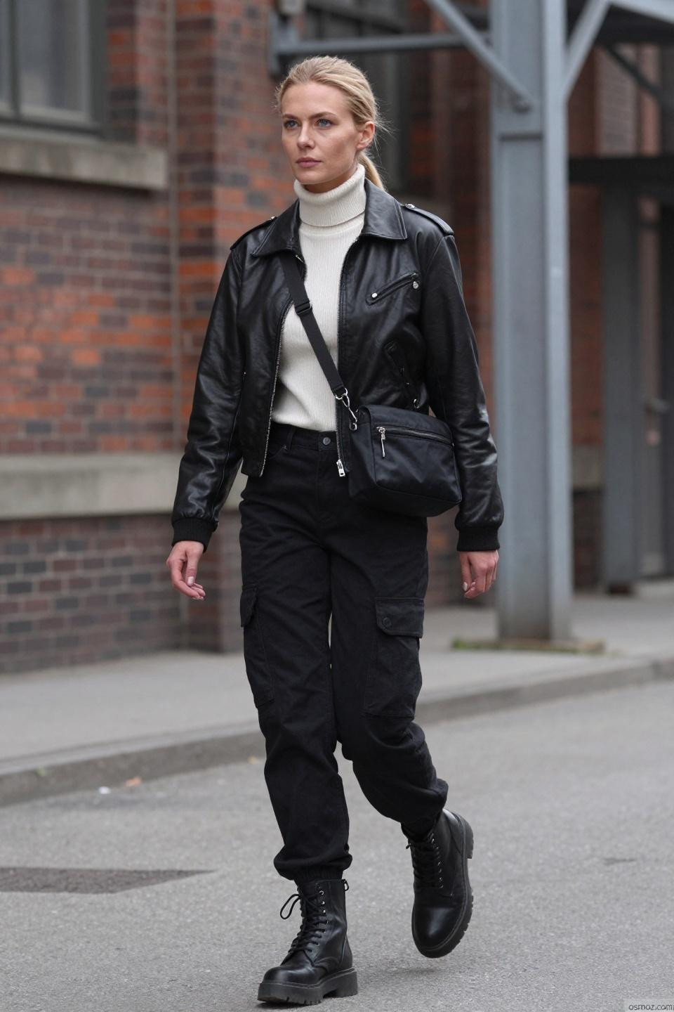 Black baggy jeans outfit with ivory turtleneck and leather bomber jacket