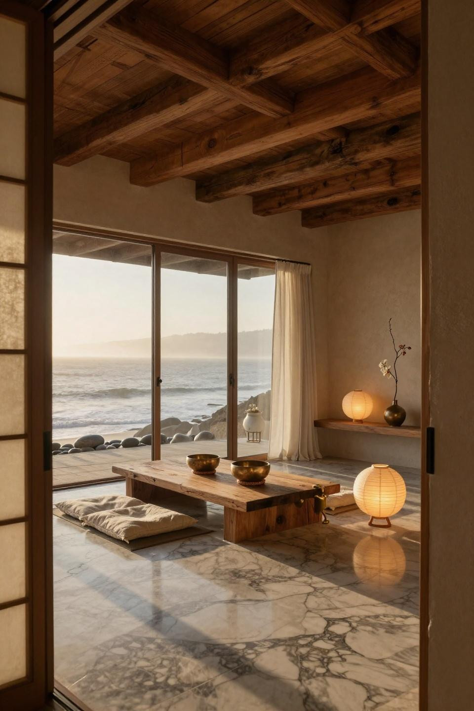 Wellness room at home with Pacific Ocean views and reclaimed teak meditation platform