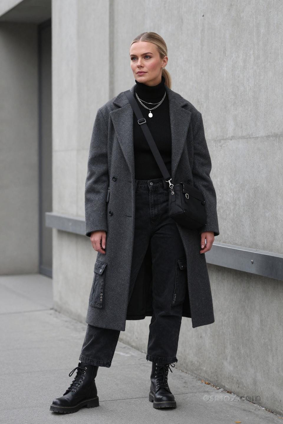 Black cargo pants outfit casual with turtleneck and charcoal wool coat