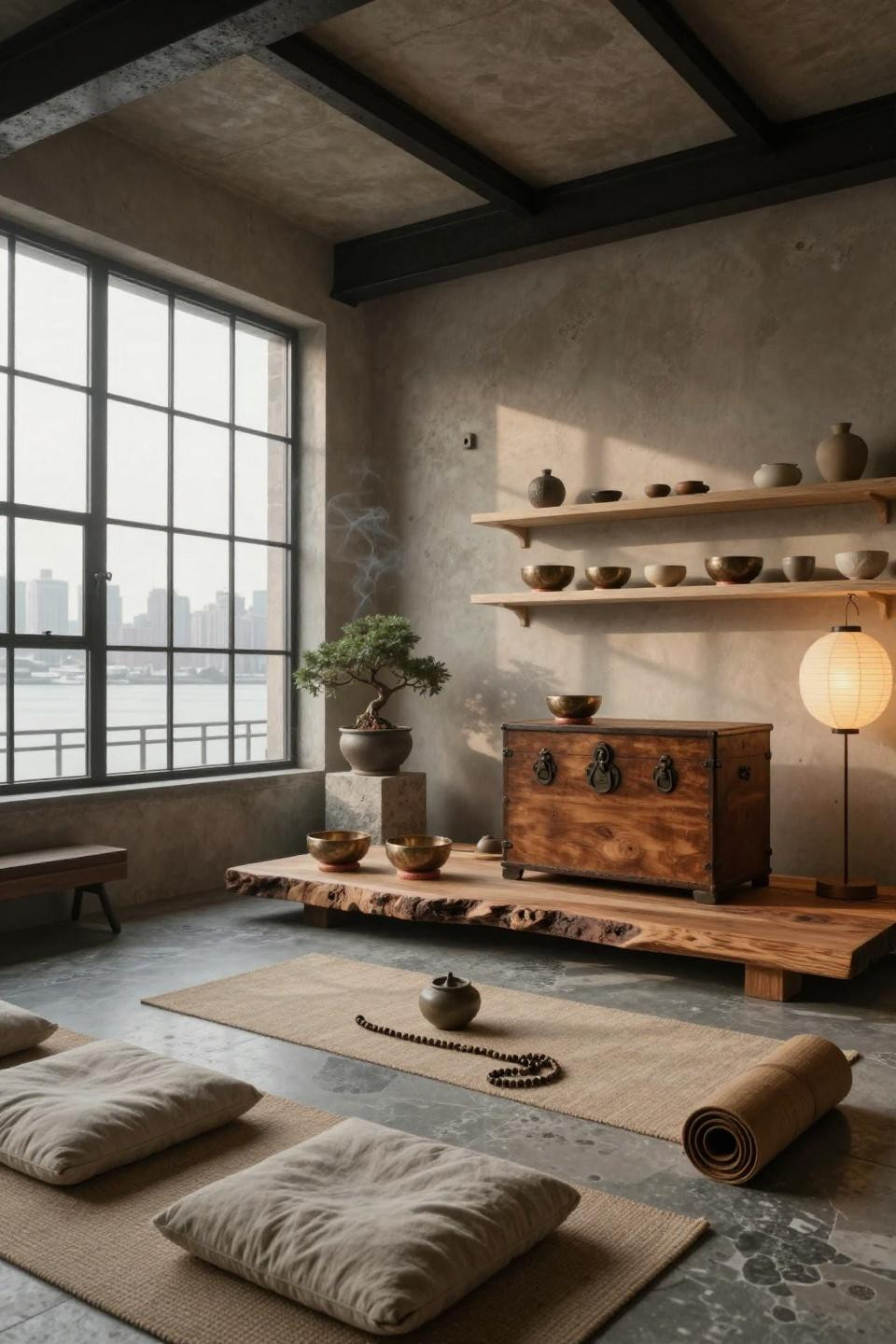 Healing space with reclaimed teak meditation platform and vintage tansu chest