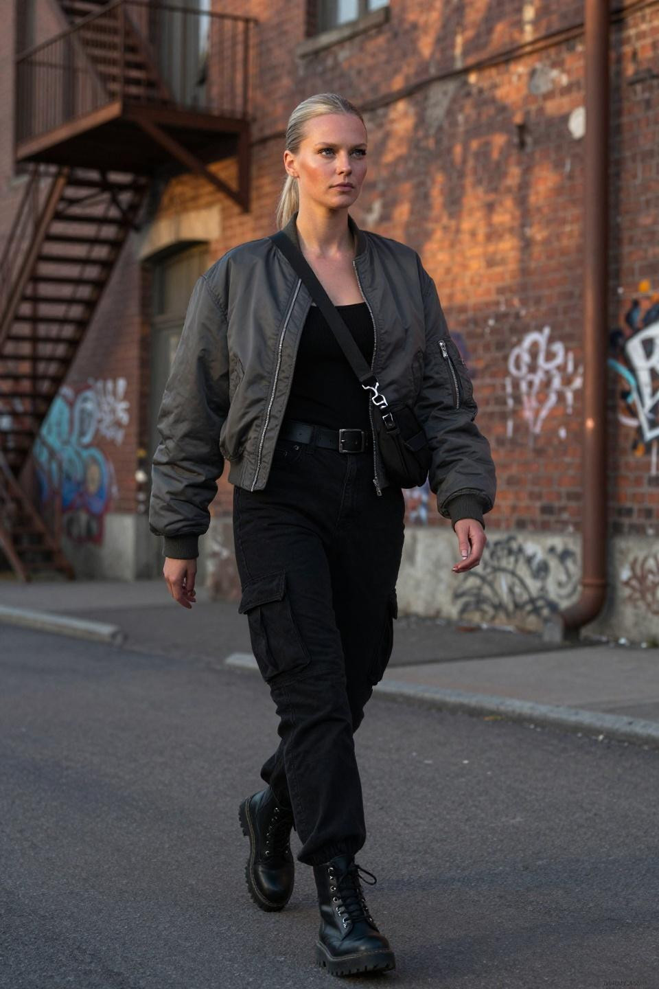 Black cargo pants outfit women casual with bomber jacket and combat boots