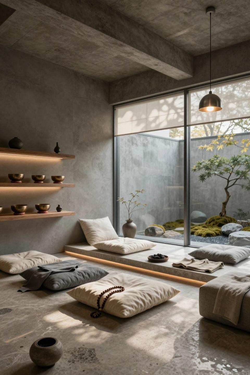 Meditation room design with elevated travertine platform and hand-woven silk cushions