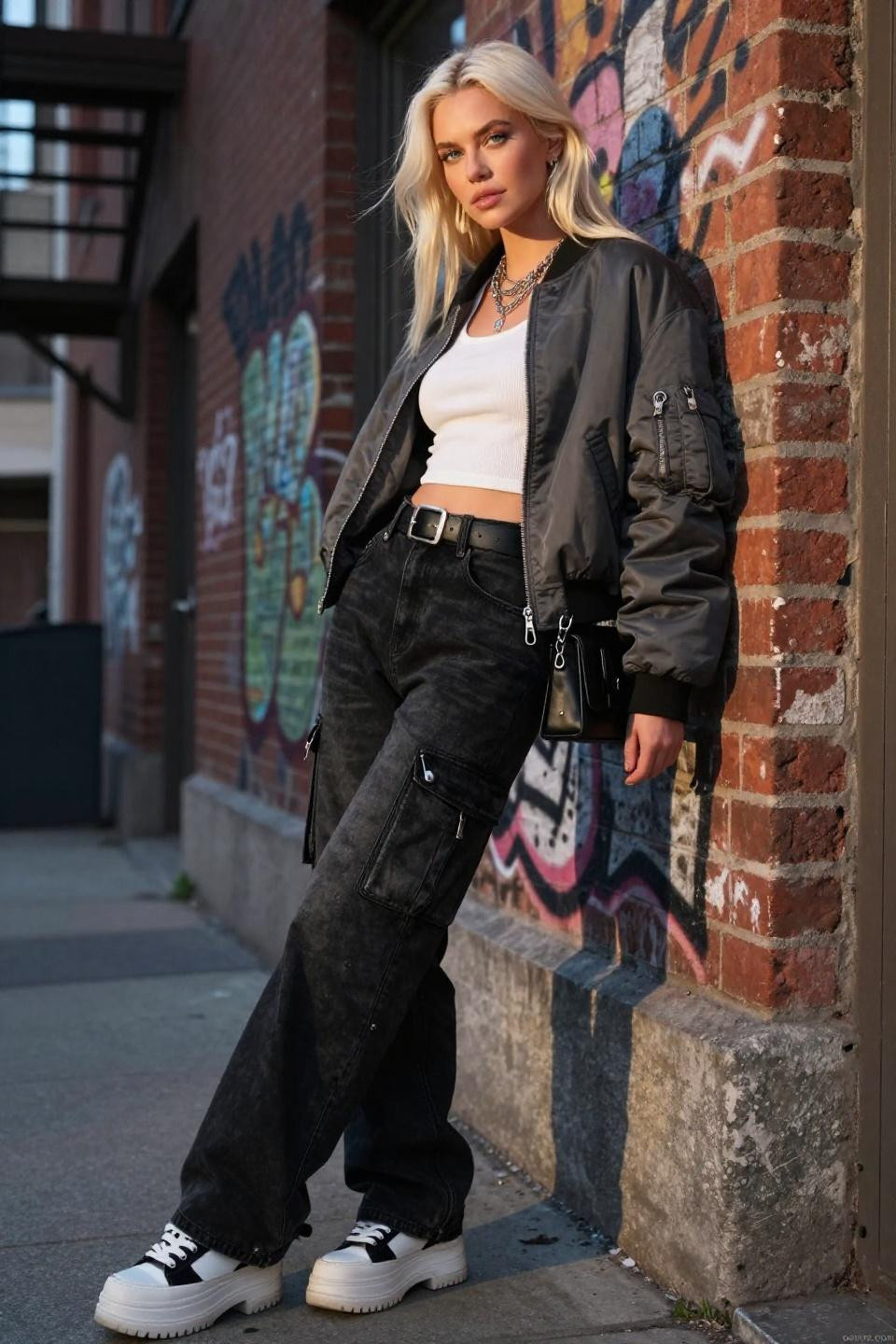 What to wear with black cargo pants including cropped tank and bomber jacket