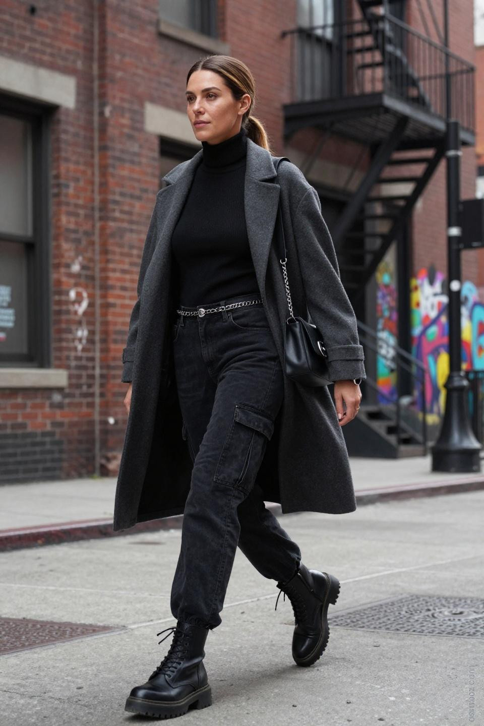 Black denim cargo pants outfit with charcoal wool coat and combat boots