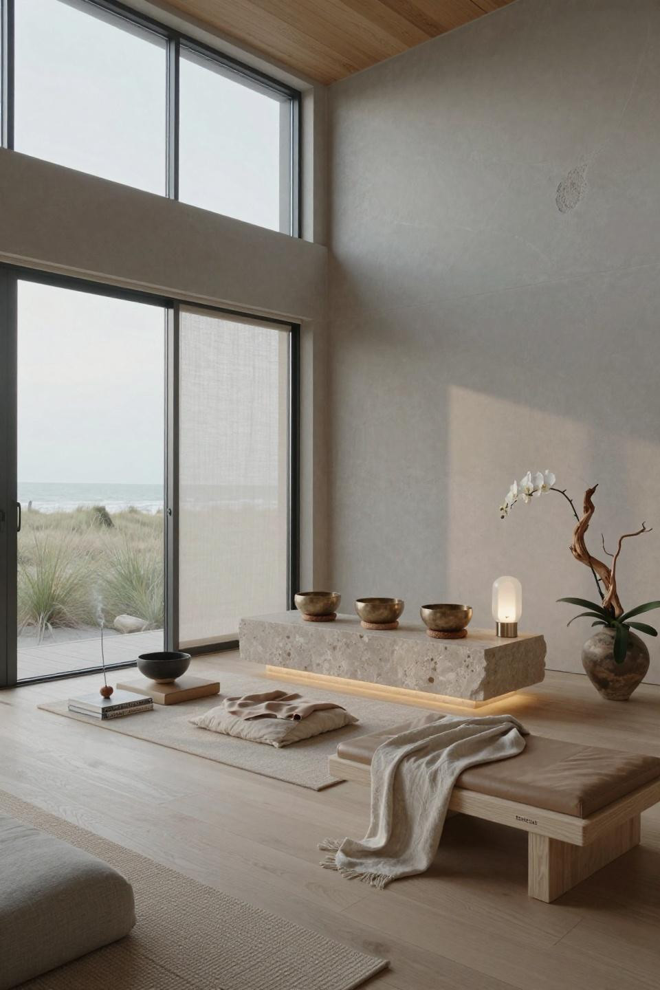 Home meditation space with hand-carved limestone altar and brushed nickel singing bowl