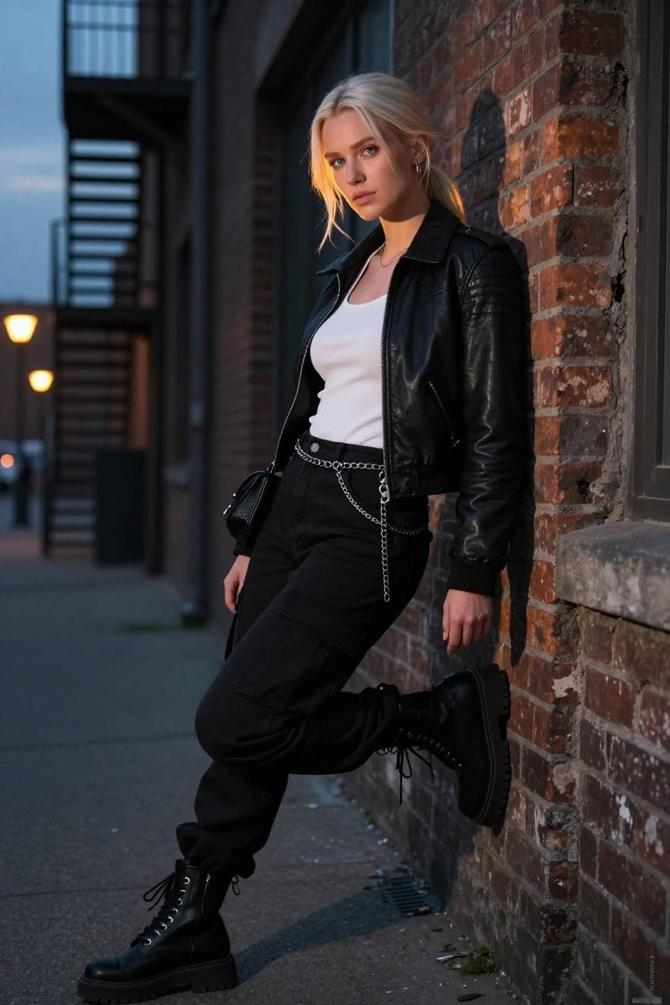 Cargo jeans outfit women with white tank and cropped leather bomber jacket