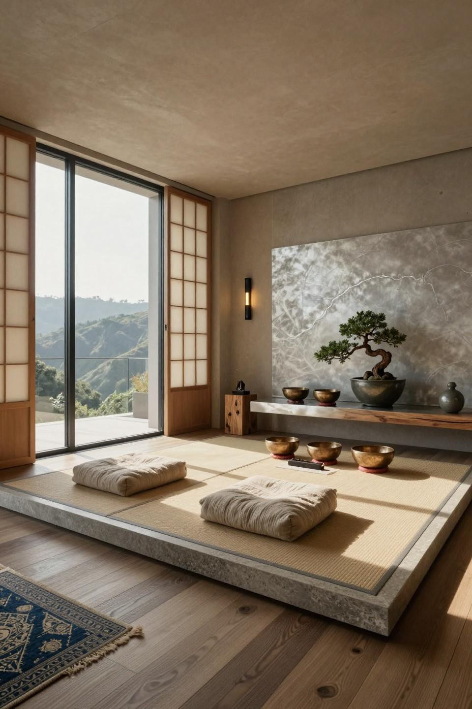 Meditation area with authentic woven rush tatami and honed limestone