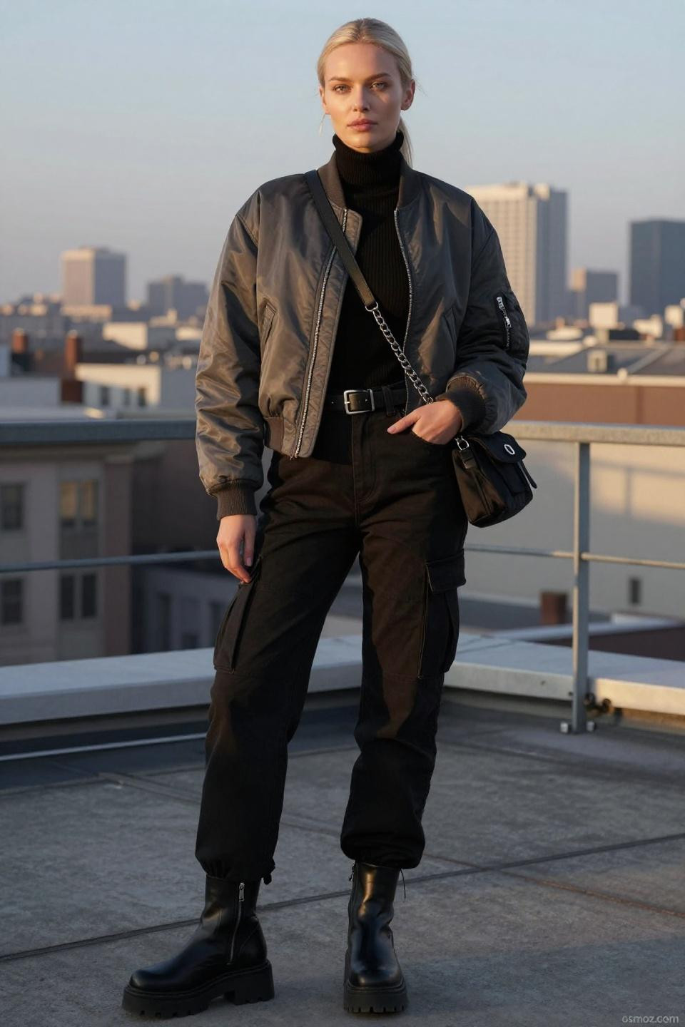 Black cargo pants outfit winter with quilted bomber jacket and platform boots