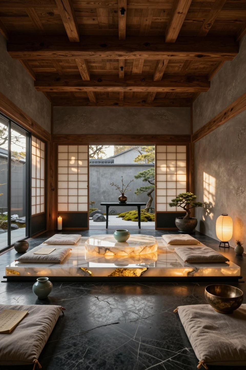 Yoga corner at home with backlit honey onyx meditation platform
