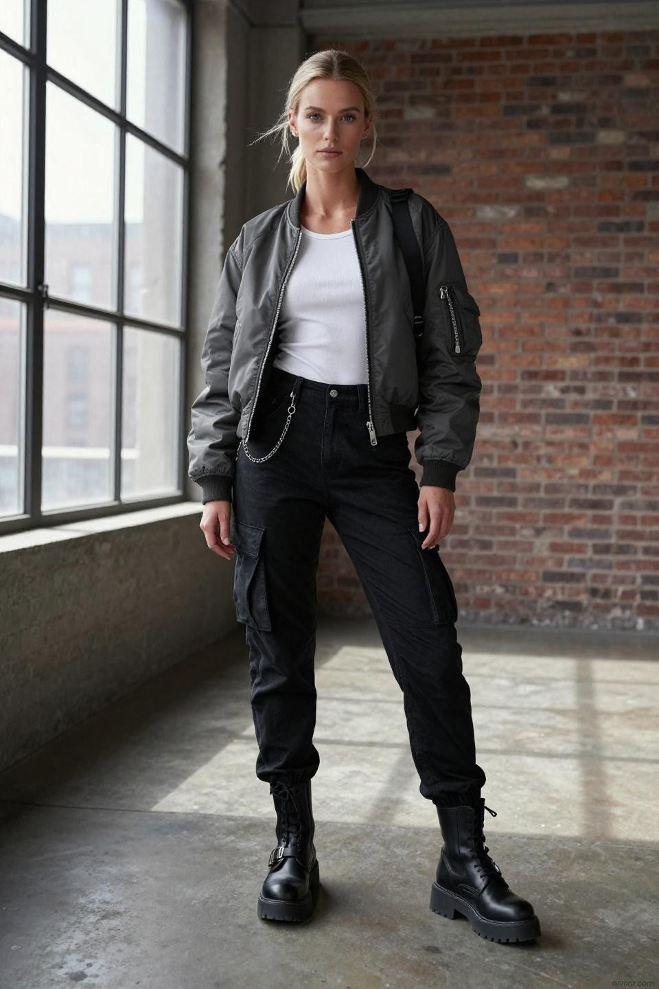How to style black cargo pants with white tank top and grey bomber jacket