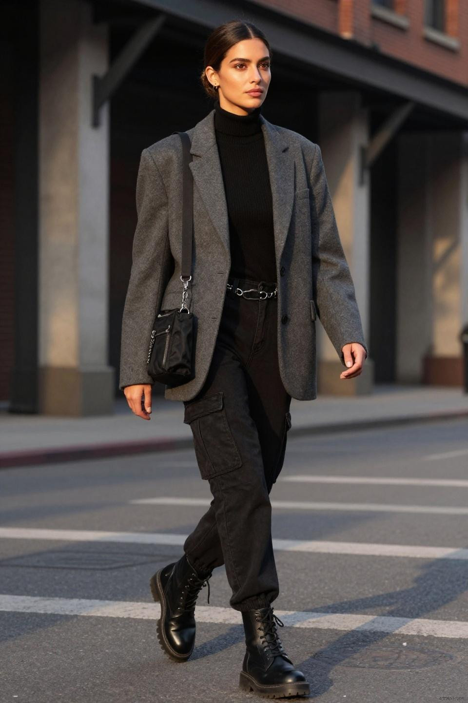 Black cargo pants outfit street style with oversized charcoal blazer and combat boots