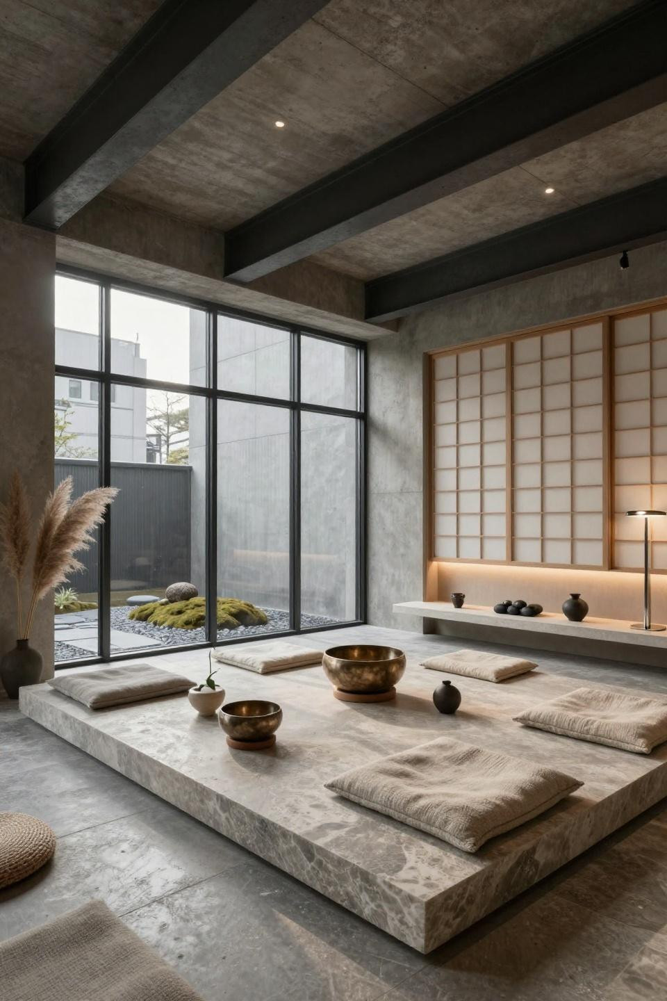 Spiritual room meditation space with industrial steel windows and honed limestone