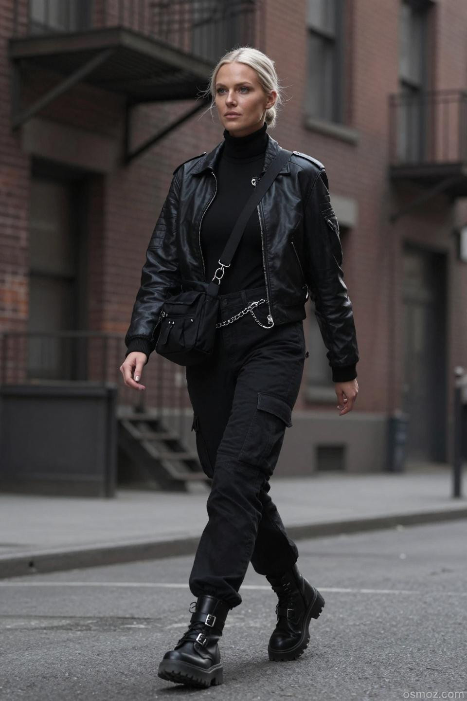 Black cargo jeans outfit with fitted black turtleneck and leather bomber jacket for urban street style