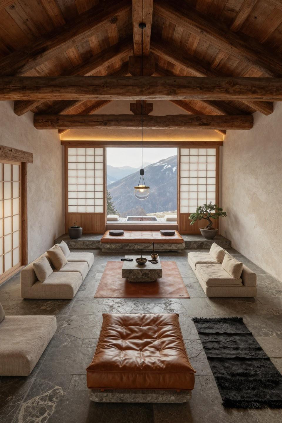 Meditation room decor ideas with saddle leather platform and reclaimed timber beams