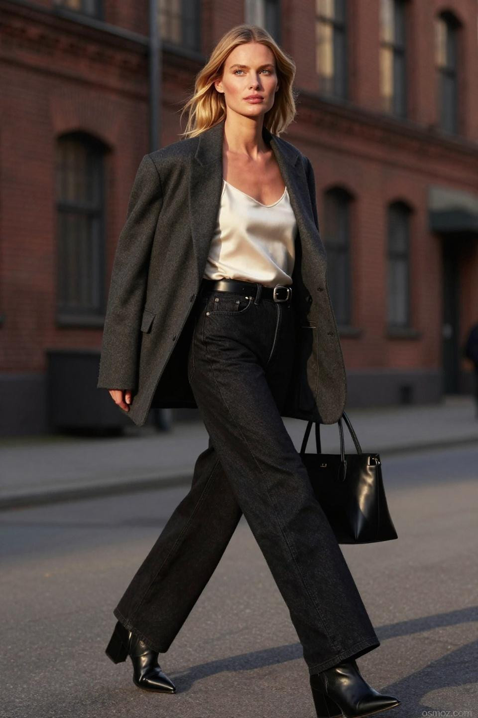 Black wide leg jeans outfit with ivory camisole and wool coat