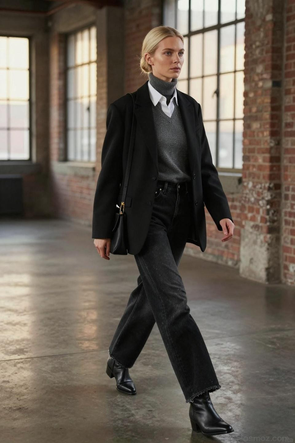 Black denim pants outfit with grey turtleneck and structured blazer