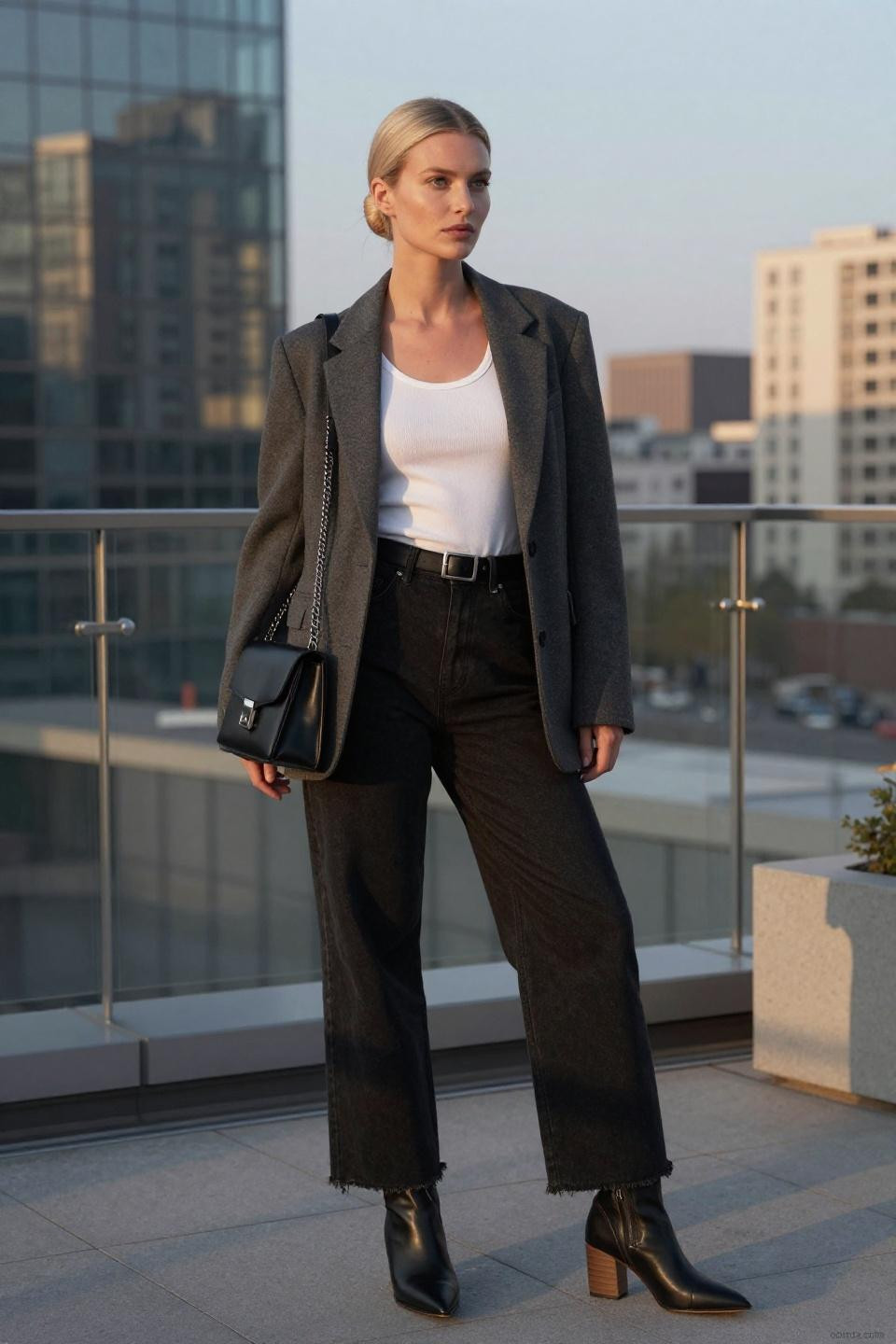 All black jeans outfit with ribbed tank and structured blazer