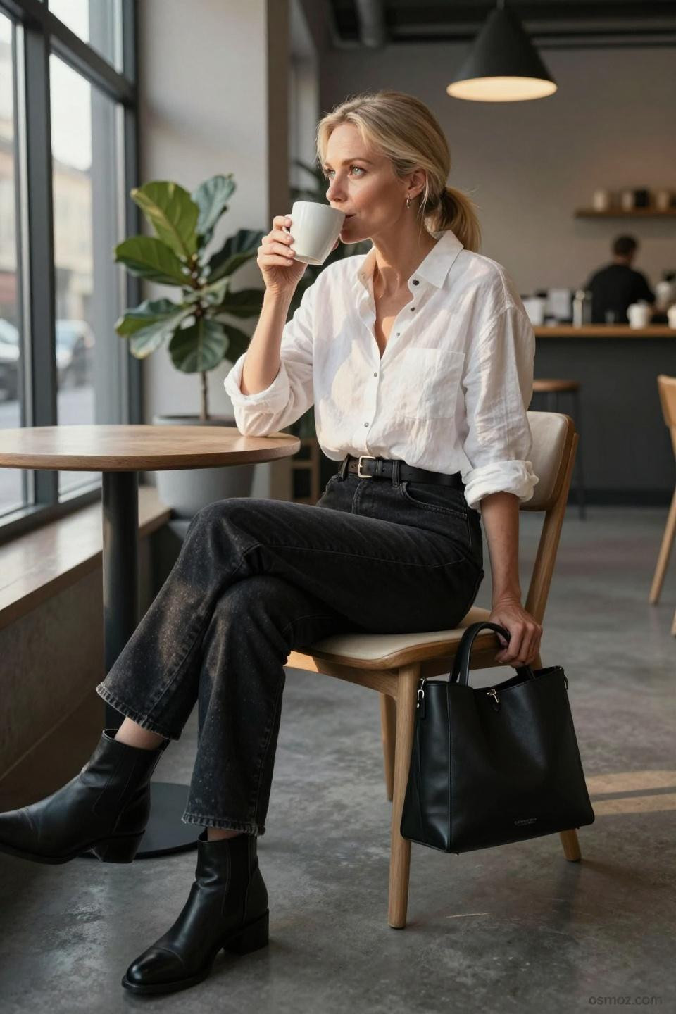 Black jeans pants outfit with oversized white linen shirt