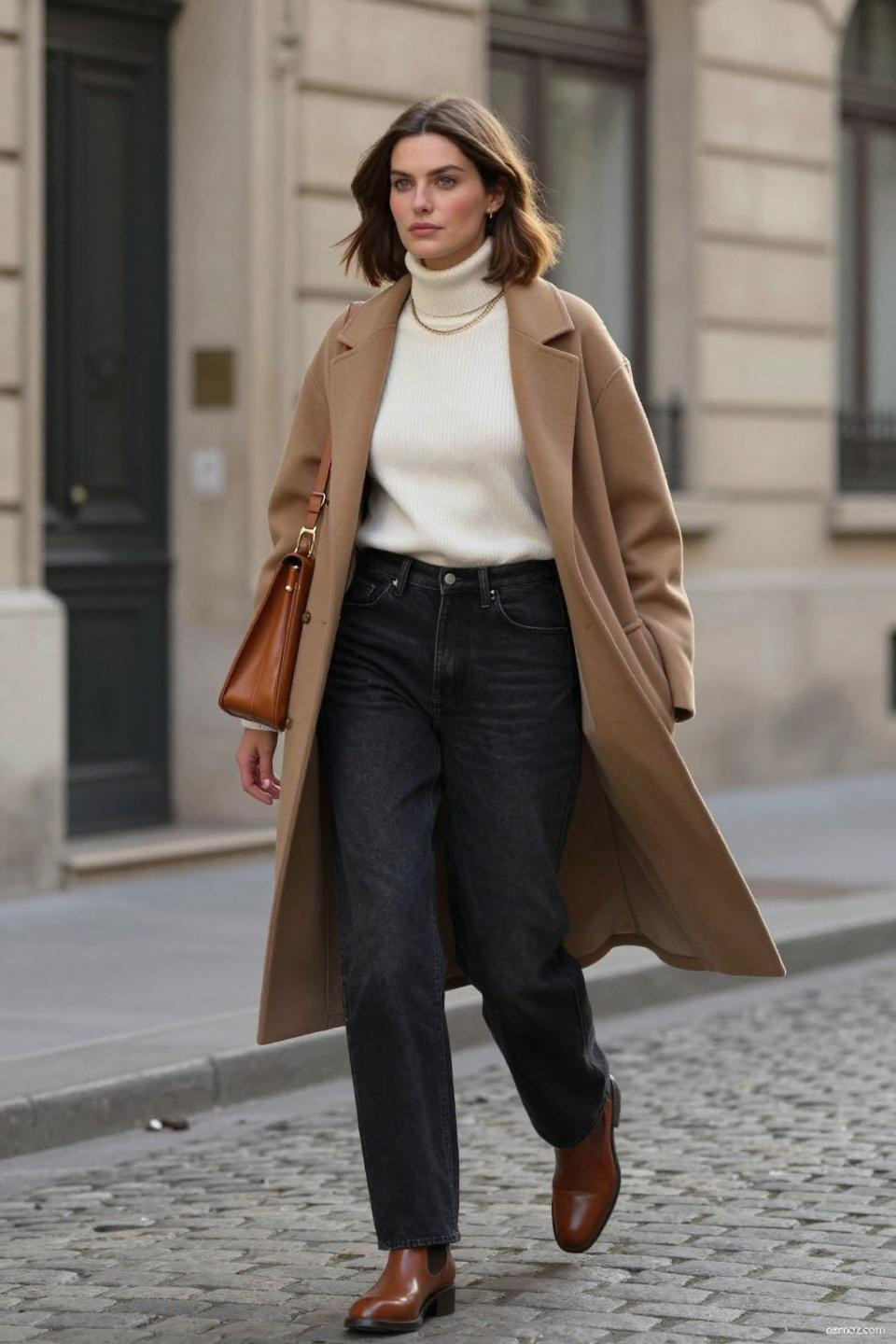 Baggy black jeans outfit with ivory turtleneck and camel coat