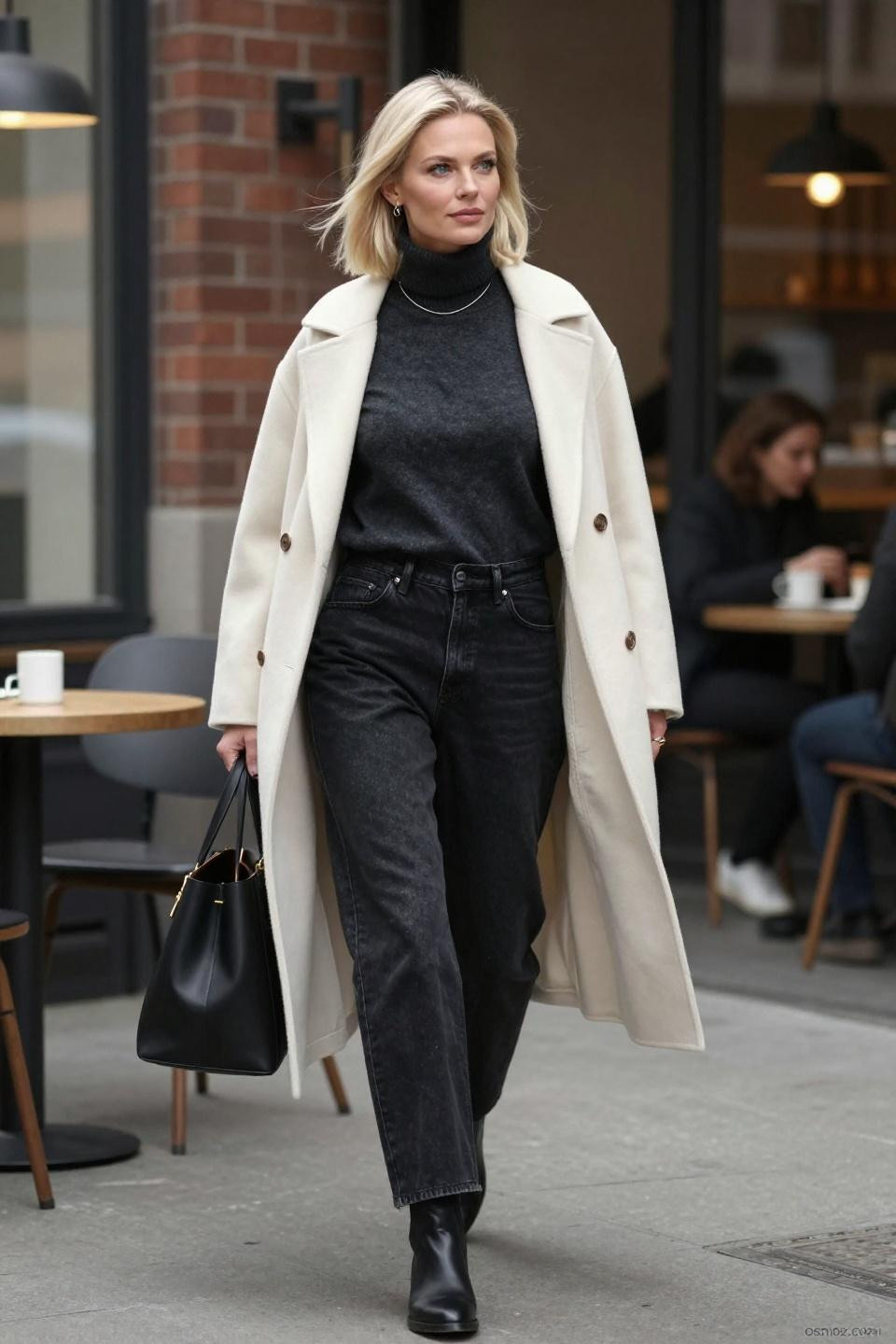 Black jeans outfits for women with button-down and cream coat
