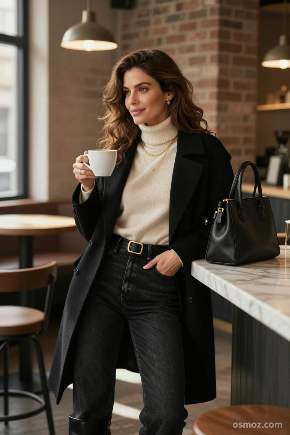 Black jeans outfit ideas with cashmere turtleneck and structured coat