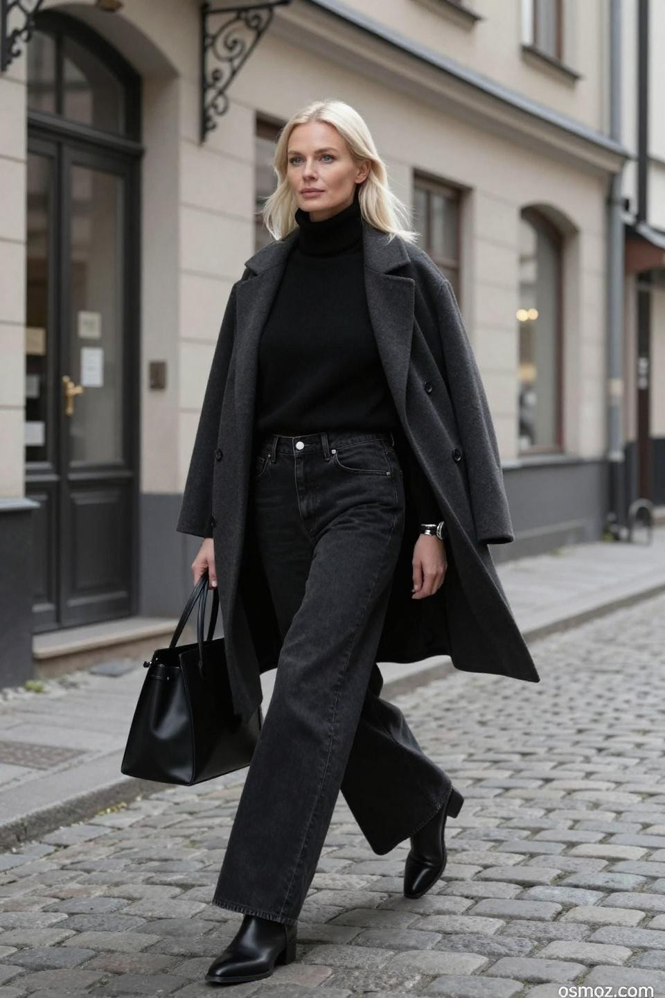 Black wide leg jeans outfit with cashmere turtleneck and wool coat