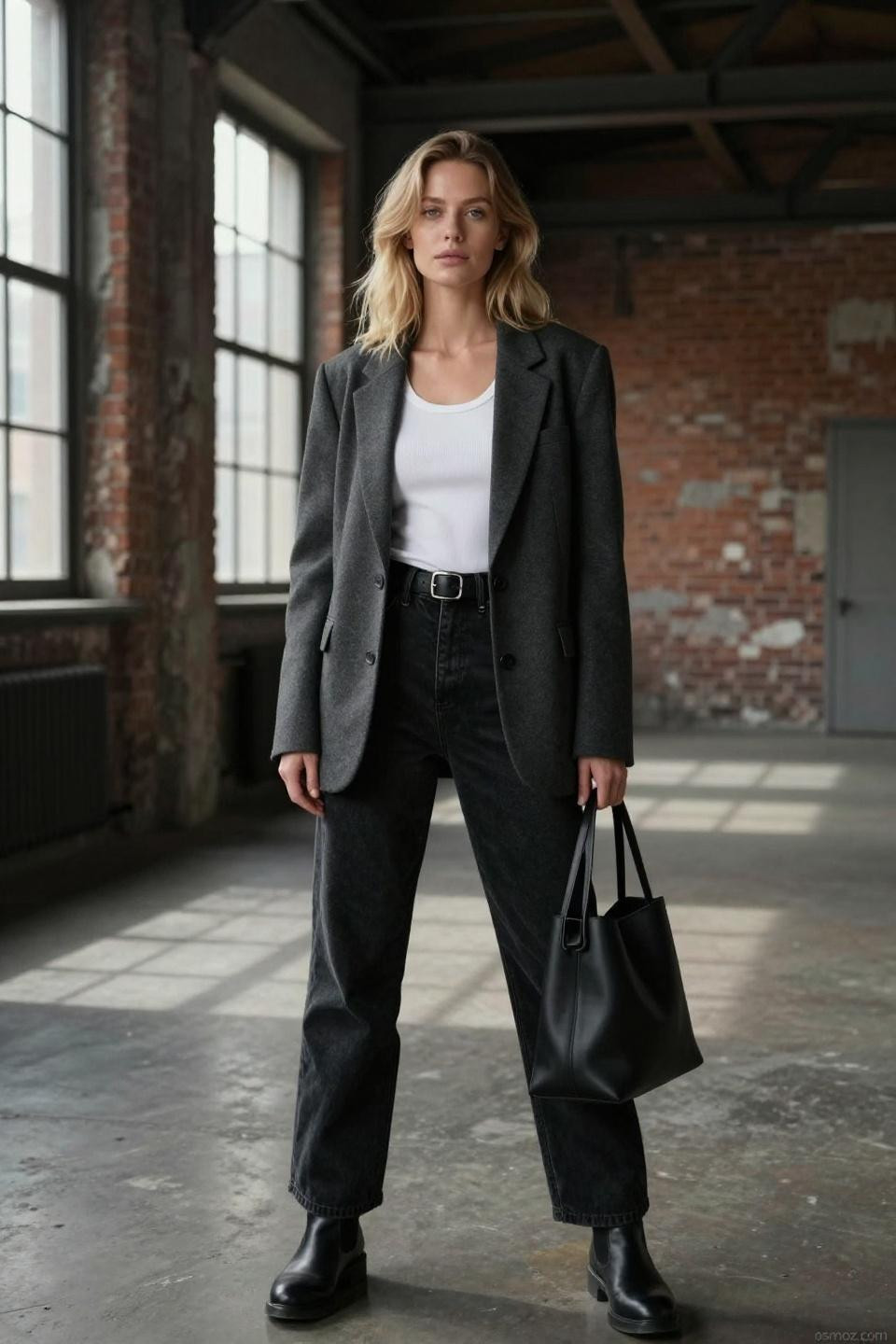 Black denim pants outfit with white tank and grey blazer