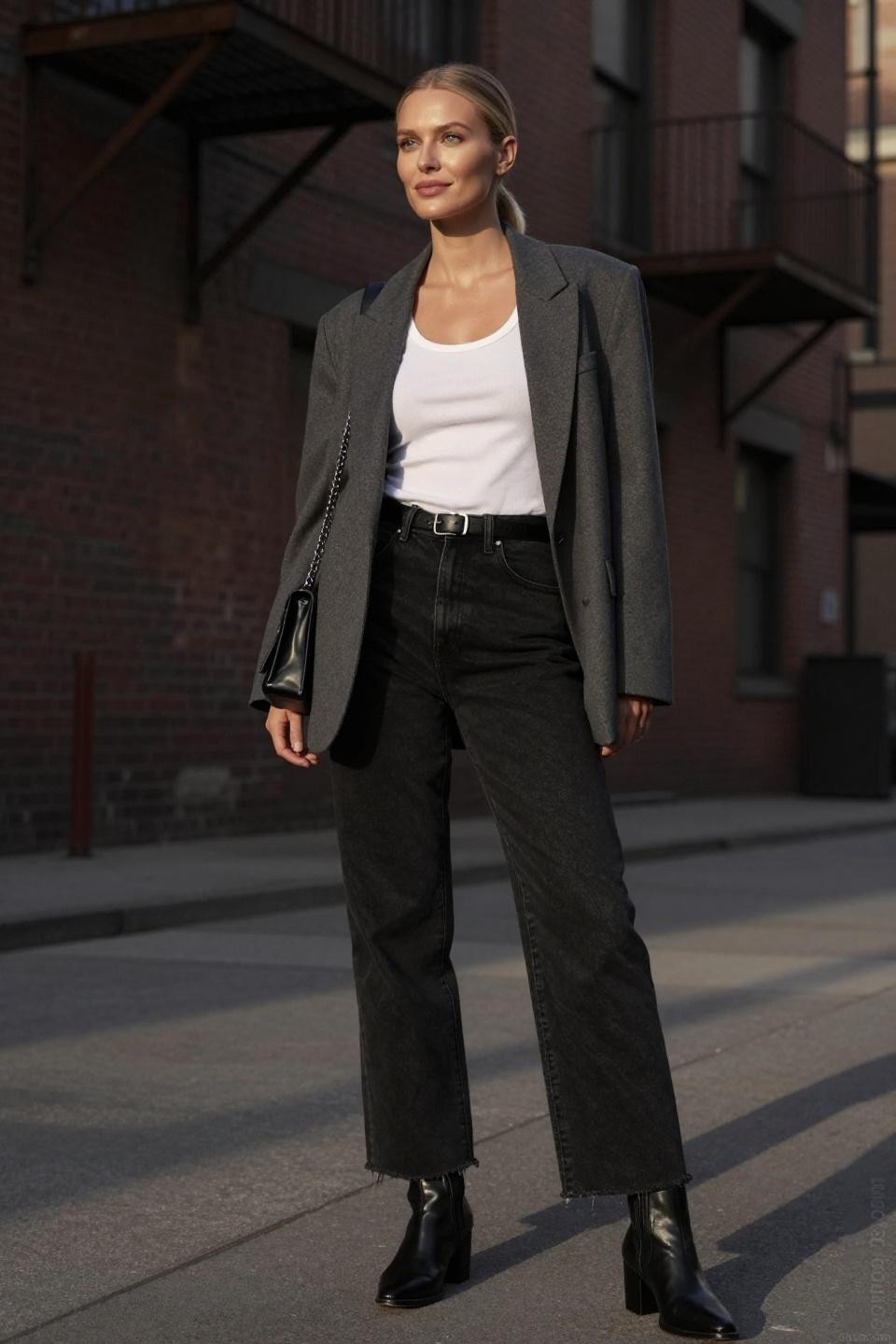 How to style black jeans with white tank and grey blazer
