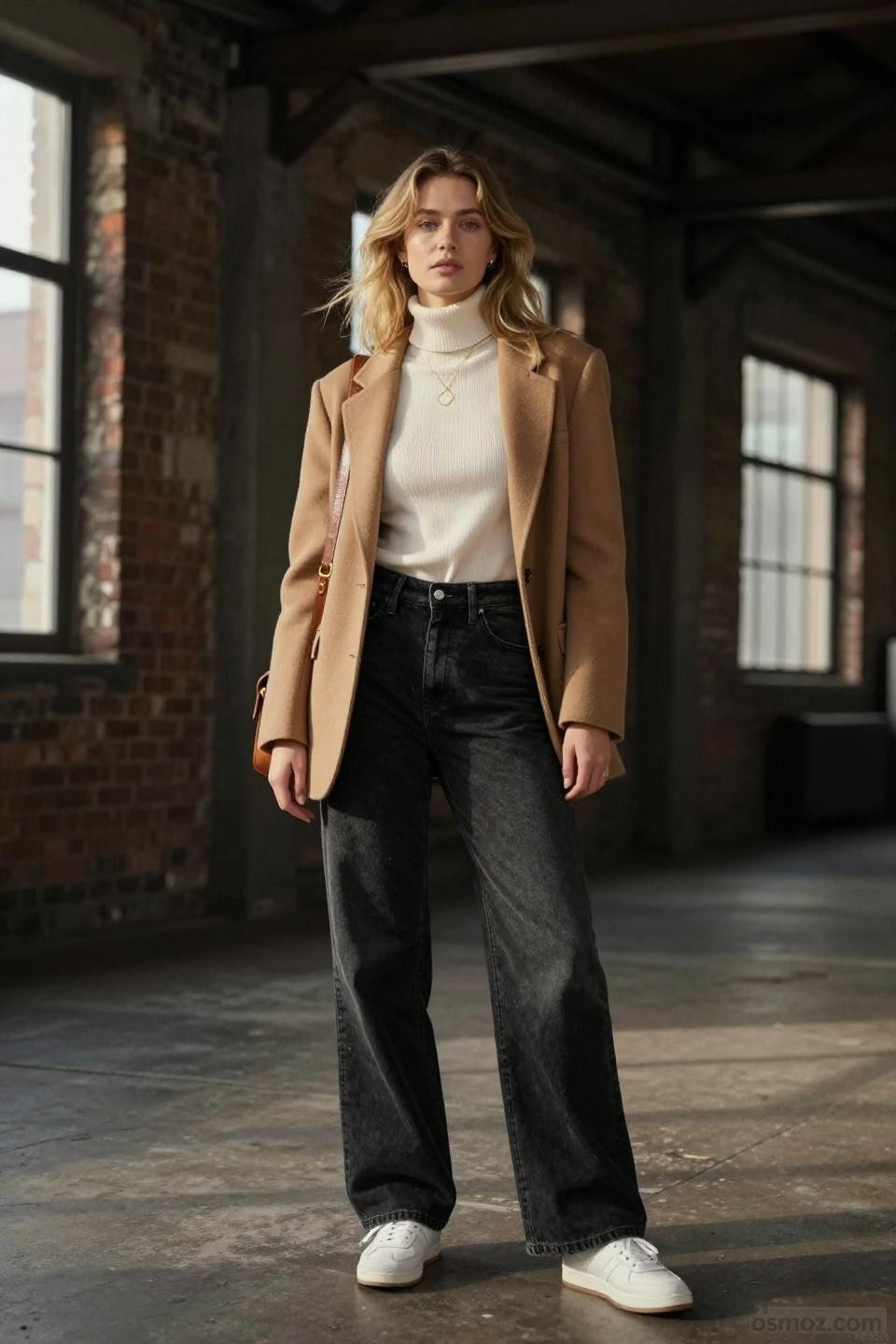 Black jeans pants outfit with cream turtleneck and camel blazer