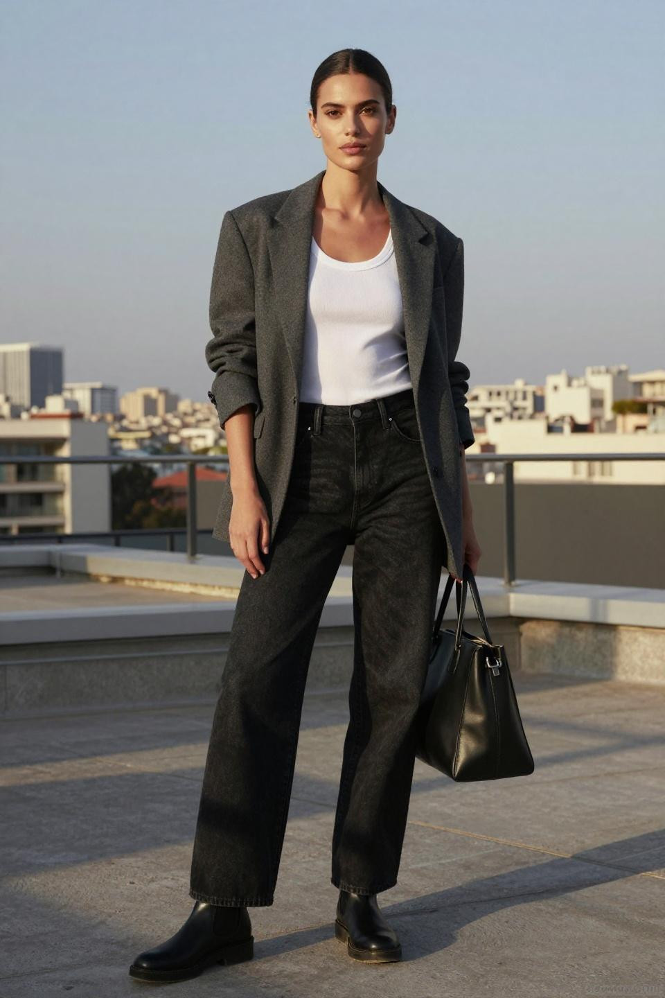 Baggy black jeans outfit with white tank and oversized blazer