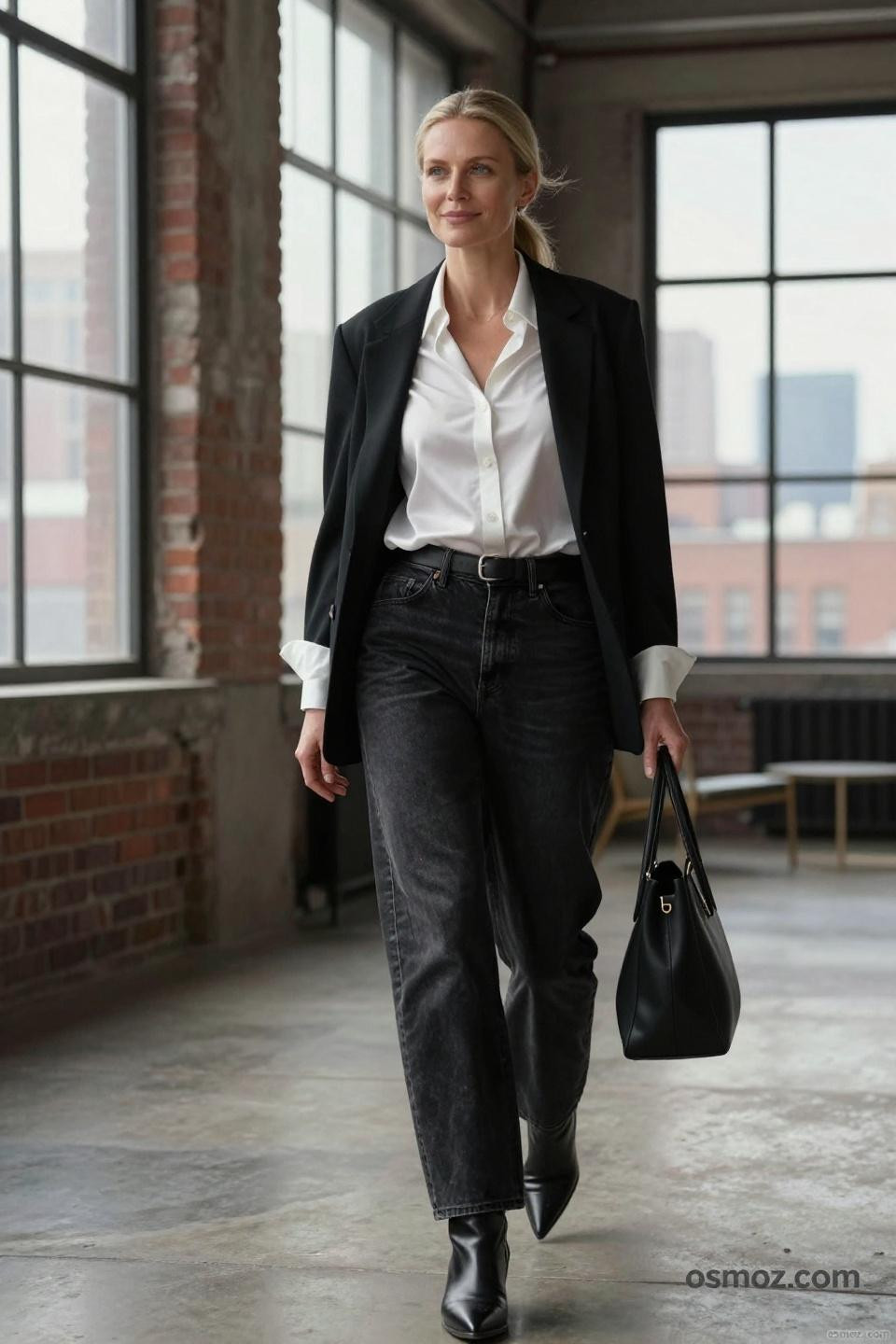 Black denim outfits women with silk button-down and blazer
